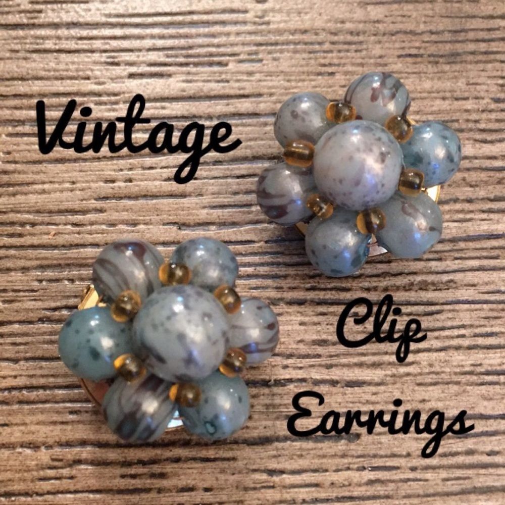 Vintage Beaded Clip Earrings Flower Shape